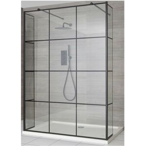Milano Barq Black Floating Glass Walk In Wet Room Shower Enclosure with Grid Pattern Screen Hinged Return Panels Support Arms and White Tray - 1200mm