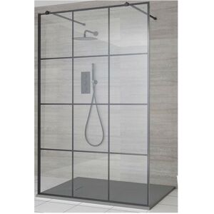 Milano Barq - Black Floating Glass Walk In Wet Room Shower Enclosure with Grid Pattern Screen Support Arms and Light Grey Slate Effect Tray - 900mm x 900mm