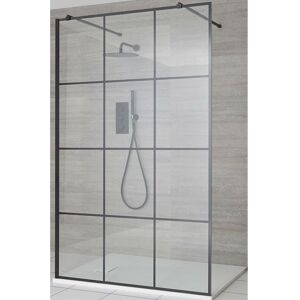 Milano Barq - Black Floating Glass Walk In Wet Room Shower Enclosure with Grid Pattern Screen Support Arms and White Slate Effect Tray - 1400mm x 900mm