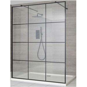 Milano Barq Black Floating Glass Walk In Wet Room Shower Enclosure with Grid Pattern Screen Support Arms and White Tray - 1400mm x 900mm