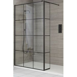 Milano Barq - Black Recessed Walk In Wet Room Shower Enclosure with Grid Pattern Screen Hinged Return Panel Support Arm and White Slate Effect Tray - 1100mm