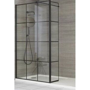 Milano Barq - Recessed Walk In Wet Room Shower Enclosure with Black Grid Pattern Screen Hinged Return Panel Support Arm and White Tray - 1500mm x 760mm
