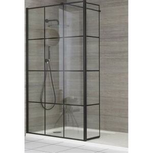 Milano Barq - Recessed Walk In Wet Room Shower Enclosure with Black Grid Pattern Screen Hinged Return Panel Support Arm and White Tray - 1700mm x 800mm