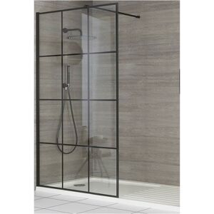 Milano Barq Black Recessed Walk In Wet Room Shower Enclosure with Grid Pattern Screen Support Arm and White Tray with Drying Area - 1700mm x 900mm