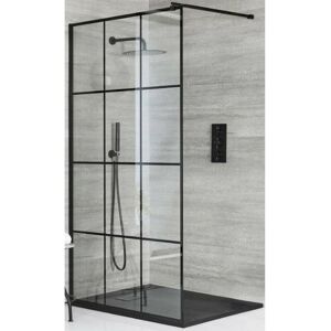 Barq - Black Walk In Wet Room Shower Enclosure with Grid Pattern Screen Support Arm and Graphite Slate Effect Tray - 1400mm x 800mm - Milano