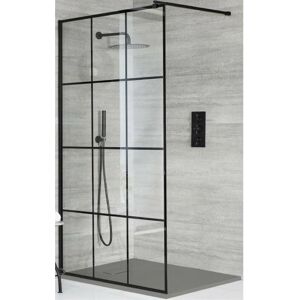 Barq - Black Walk In Wet Room Shower Enclosure with Grid Pattern Screen Support Arm and Light Grey Slate Effect Tray - 1400mm x 900mm - Milano