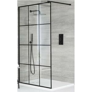 Barq - Black Walk In Wet Room Shower Enclosure with Grid Pattern Screen Support Arm and White Slate Effect Tray - 900mm x 800mm - Milano