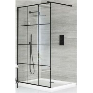 Barq - Walk In Wet Room Shower Enclosure with Black Grid Pattern Screen Support Arm and White Tray - 900mm x 900mm - Milano