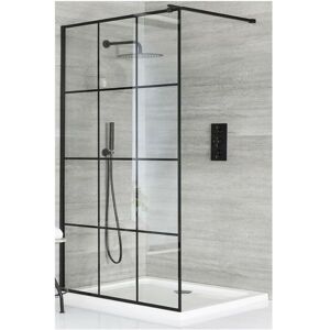 Barq - Walk In Wet Room Shower Enclosure with Black Grid Pattern Screen Support Arm and White Tray - 1200mm x 760mm - Milano