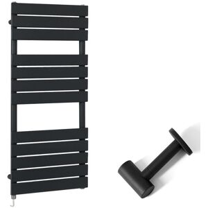 Milano - Lustro Electric - Modern Black Flat Panel Heated Towel Rail Radiator with Simple Heating Element and Cable Cover - 1200mm x 450mm