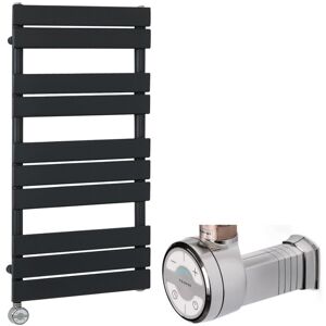 Milano - Lustro Electric - Modern Black Flat Panel Heated Towel Rail Radiator with Thermostatic Heating Element and Cable Cover - 975mm x 450mm