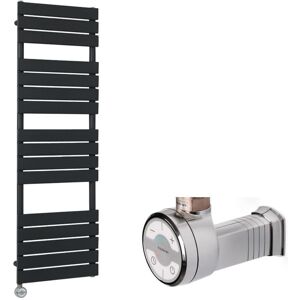 Lustro Electric - Modern Black Flat Panel Heated Towel Rail Radiator with Thermostatic Heating Element and Cable Cover - 1500mm x 450mm - Milano