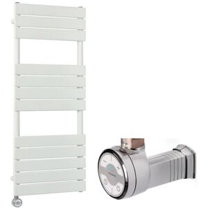 Lustro Electric - Modern White Flat Panel Heated Towel Rail Radiator with Thermostatic Heating Element and Cable Cover - 1200mm x 450mm - Milano
