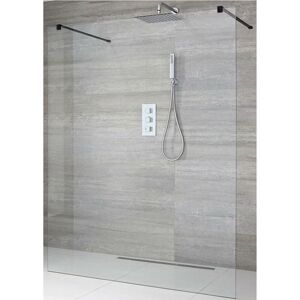 Nero - 700mm Black Floating Glass Walk In Wet Room Shower Enclosure with Screen and Support Arms - No Shower Drain - Milano