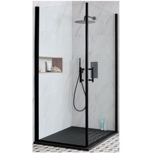 Milano Nero - Black Corner Walk In Wet Room Hinged Double Door Shower Enclosure with Graphite Slate Effect Tray and Fast Flow Waste - 900mm x 900mm