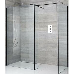 Nero - Black Corner Walk In Wet Room Shower Enclosure with Two 700mm Screens&44 Return Panel and Support Arms - 800mm Linear Shower Drain - Milano