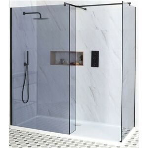 Milano Nero-Luna - Black Corner Walk In Frameless Wet Room Shower Enclosure with Smoked Glass Screens and Hinged Return Panel Support Arms and White Tray