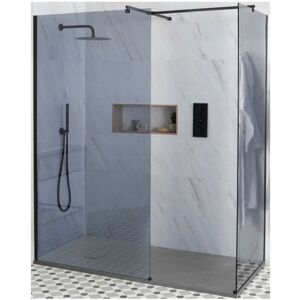 Milano Nero-Luna - Black Corner Walk In Frameless Wet Room Shower Enclosure with Smoked Glass Screens Support Arms and Light Grey Slate Effect Tray - 1700mm