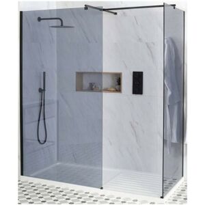 Milano Nero-Luna - Black Corner Walk In Frameless Wet Room Shower Enclosure with Smoked Glass Screens Support Arms and White Tray with Drying Area - 1600mm