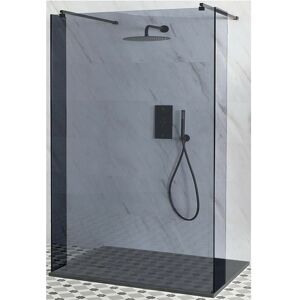Milano Nero-Luna - Black Floating Walk In Frameless Wet Room Shower Enclosure with Smoked Glass Screen Return Panels Support Arms and Light Grey Slate