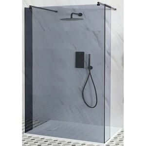 Milano Nero-Luna Black Floating Walk In Frameless Wet Room Shower Enclosure with Smoked Glass Screen Return Panels Support Arms and White Slate