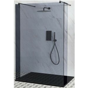 Milano Nero-Luna - Black Floating Walk In Frameless Wet Room Shower Enclosure with Smoked Glass Screen Return Panels Support Arms and Graphite Slate Effect