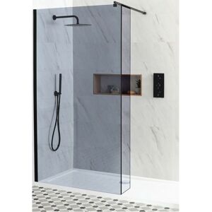 Milano Nero-Luna - Black Recessed Walk In Frameless Wet Room Shower Enclosure with Smoked Glass Screen and Hinged Return Panel Support Arm and White Tray