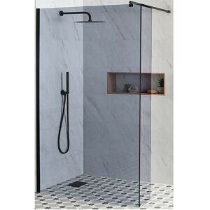 Milano Nero-Luna - 1000mm Black Recessed Walk In Frameless Wet Room Shower Enclosure with Smoked Glass Screen Return Panel and Support Arm - 1200mm Linear