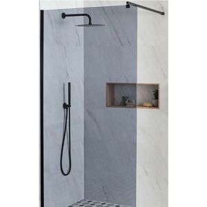 Milano Nero-Luna - 1000mm Black Recessed Walk In Frameless Wet Room Shower Enclosure with Smoked Glass Screen and Support Arm - 800mm Linear Stainless Steel
