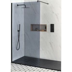Milano Nero-Luna - Black Recessed Walk In Frameless Wet Room Shower Enclosure with Smoked Glass Screen&44 Support Arm and Graphite Slate Effect Tray
