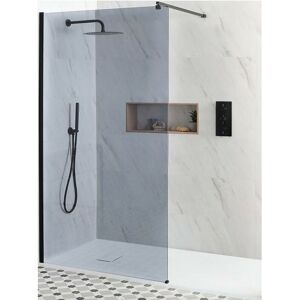 Milano Nero-Luna - Black Recessed Walk In Frameless Wet Room Shower Enclosure with Smoked Glass Screen&44 Support Arm and White Slate Effect Tray - 1700mm x