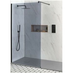 Milano Nero-Luna - Black Recessed Walk In Frameless Wet Room Shower Enclosure with Smoked Glass Screen Support Arm and Light Grey Slate Effect Tray - 1200mm