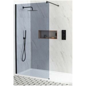 Milano Nero-Luna Black Recessed Walk In Frameless Wet Room Shower Enclosure with Smoked Glass Screen Support Arm and White Tray - 1400mm x 800mm