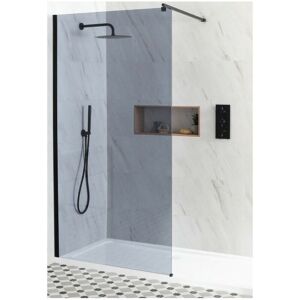Nero-Luna - Black Recessed Walk In Frameless Wet Room Shower Enclosure with Smoked Glass Screen Support Arm and White Tray - 1100mm x 800mm - Milano