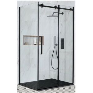 Nero - Black Reversible Corner Frameless Sliding Door Shower Enclosure with Graphite Slate Effect Tray and Fast Flow Waste - 1000mm x 800mm - Milano