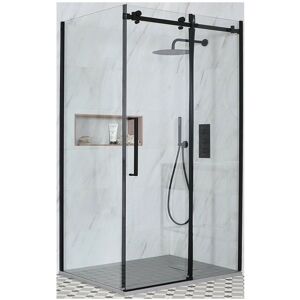 Nero - Black Reversible Corner Frameless Sliding Door Shower Enclosure with Light Grey Slate Effect Tray and Fast Flow Waste - 1400mm x 800mm - Milano