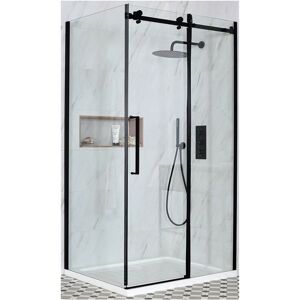 Nero - Black Reversible Corner Frameless Sliding Door Shower Enclosure with White Tray and Fast Flow Waste - 1400mm x 800mm - Milano