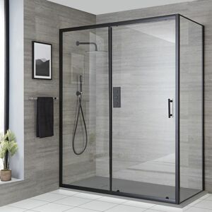 Milano Nero - Black Reversible Corner Wet Room Walk In Sliding Door Shower Enclosure with Light Grey Slate Effect Tray and Fast Flow Waste - 1200mm x 900mm
