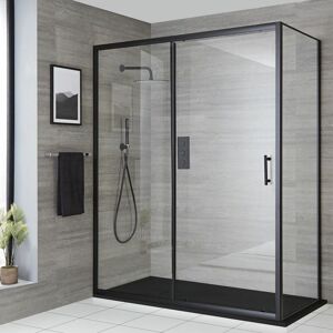 Milano Nero - Black Reversible Corner Wet Room Walk In Sliding Door Shower Enclosure with Graphite Slate Effect Tray and Fast Flow Waste - 1700mm x 800mm