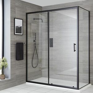 Milano Nero - Black Reversible Corner Wet Room Walk In Sliding Door Shower Enclosure with White Slate Effect Tray and Fast Flow Waste - 1700mm x 900mm