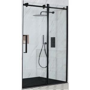 Milano Nero Black Reversible Frameless Sliding Door Shower Enclosure with Graphite Slate Effect Tray and Fast Flow Waste - 1000mm x 800mm
