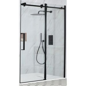 Nero - Black Reversible Frameless Sliding Door Shower Enclosure with White Slate Effect Tray and Fast Flow Waste - 1100mm x 700mm - Milano