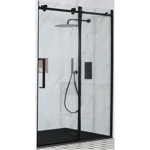 Nero - Black Reversible Frameless Sliding Door Shower Enclosure with Graphite Slate Effect Tray and Fast Flow Waste - 1500mm x 900mm - Milano