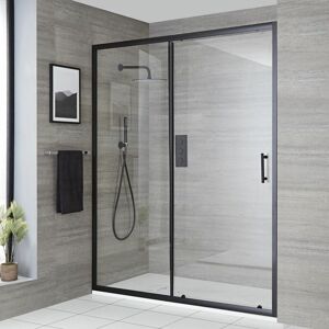 Nero - Black Reversible Walk In Wet Room Sliding Door Shower Enclosure with White Slate Effect Tray and Fast Flow Waste - 1200mm x 900mm - Milano