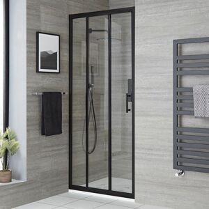 Milano Nero - Black Reversible Walk In Wet Room Triple Sliding Door Shower Enclosure with White Slate Effect Tray and Fast Flow Waste - 900mm x 1700mm