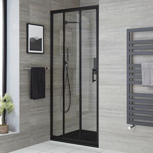 Milano Nero - Black Reversible Walk In Wet Room Triple Sliding Door Shower Enclosure with Graphite Slate Effect Tray and Fast Flow Waste - 900mm x 1800mm