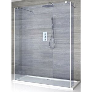 Milano Portland-Luna - Chrome Floating Walk In Frameless Wet Room Shower Enclosure with Smoked Glass Screen Return Panels Support Arms and White Tray