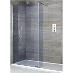 Milano Portland-Luna Chrome Recessed Walk In Frameless Wet Room Shower Enclosure with Smoked Glass Screen and Hinged Return Panel Support Arm and