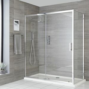 Portland - Chrome Corner Wet Room Walk In Sliding Door Shower Enclosure and White Tray with Fast Flow Waste - 1400mm x 900mm - Milano