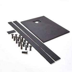 Milano - Rasa - 1500mm x 900mm Graphite Textured Slate Effect Rectangular Shower Tray and Fast Flow Waste - With Recessed Riser Kit